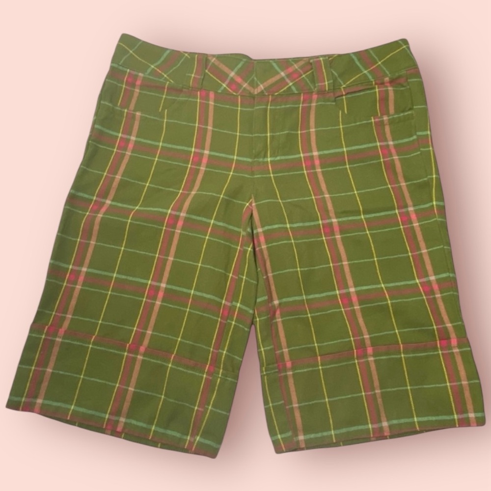 3/$10 Split Shorts 9 Bermuda Green Plaid Peekaboo